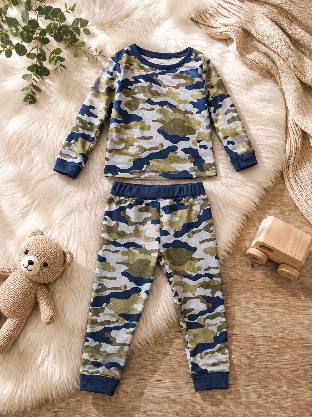 Sleep On It Kids Camouflage Pajama Set - Blue & Olive Green